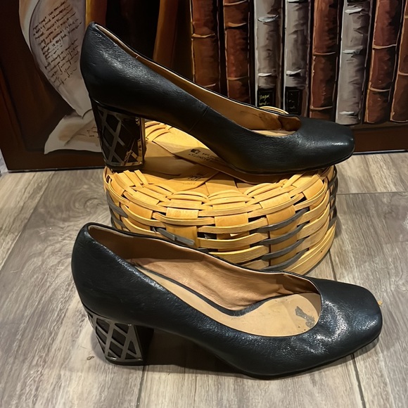 Nina Black Leather silver Detail Block Heel Shoes Size 9.5 - Picture 5 of 8